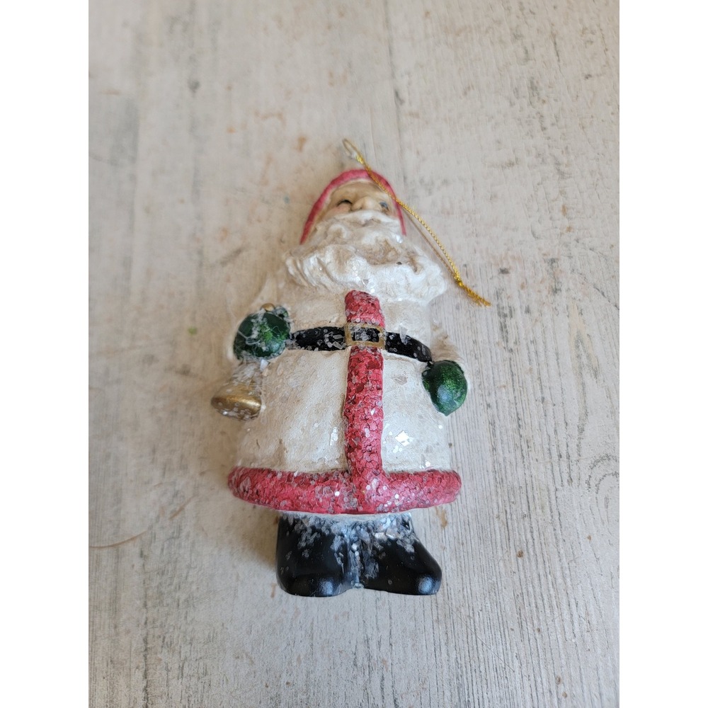 Rustic white robe Santa Claus chalkware vintage ornament Xmas glitter